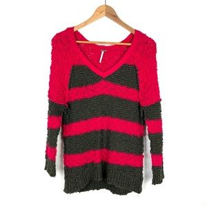 Free People V Neck Hot Pink Gray Striped Cozy Festival Pullover Sweater Y2K